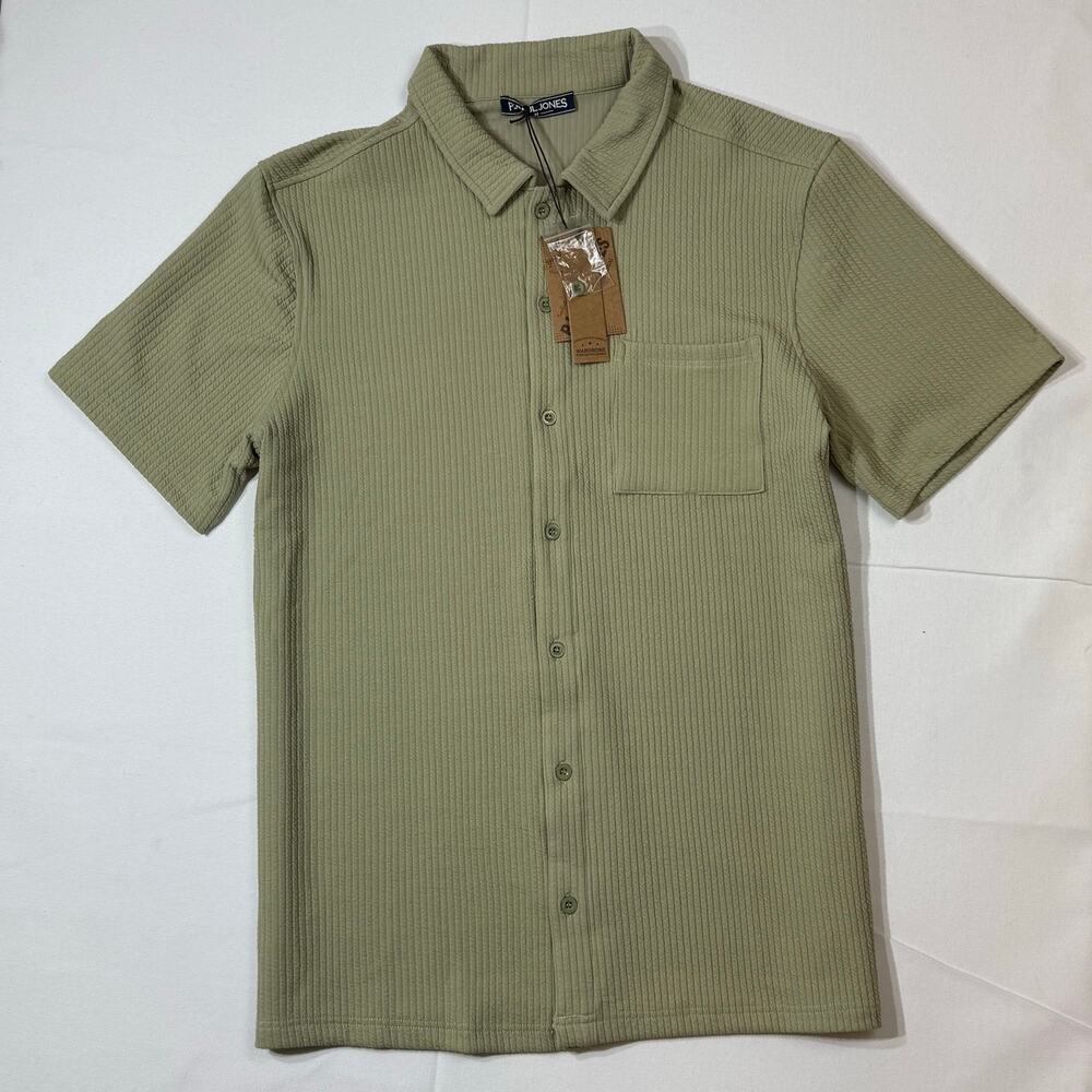 Men’s M Medium Sage Green Ribbed Knit Short Sleeve Button Up Shirt Casual